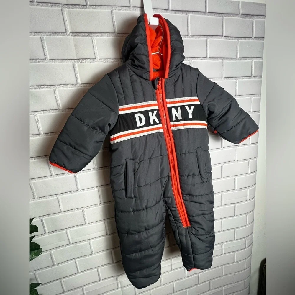 DKNY Kids One Piece puffer coat jacket snowsuit - Dark Gray/size 12months